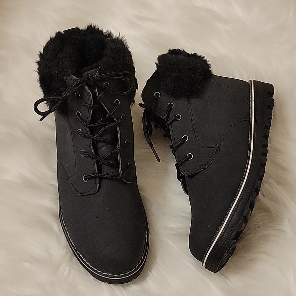 NEW! Polar black faux suede ankle boot fur lined/cuff zip close lace-up 10 NEW …